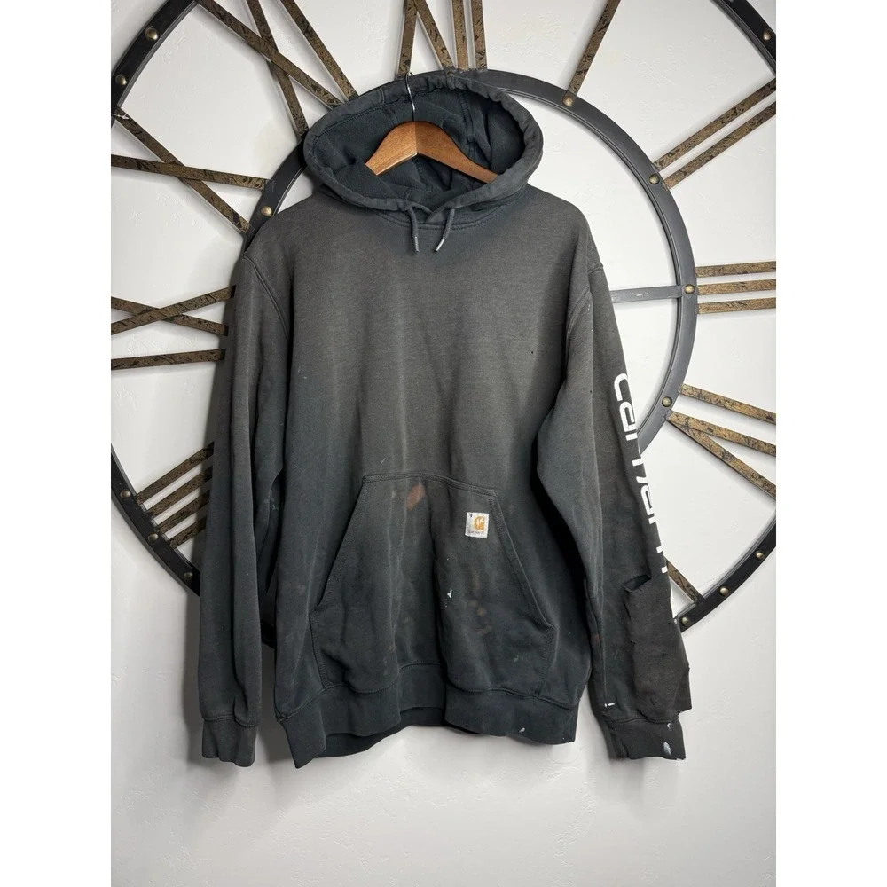 Carhartt Distressed Black Knit Loose Fit Hooded Pullover Men's L Long Sleeve